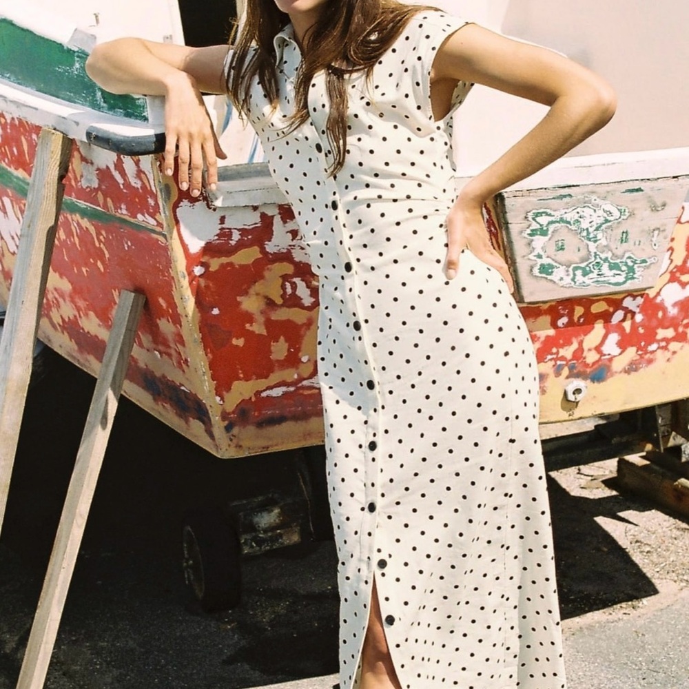 ZARA Linen blend Polka dot midi dress